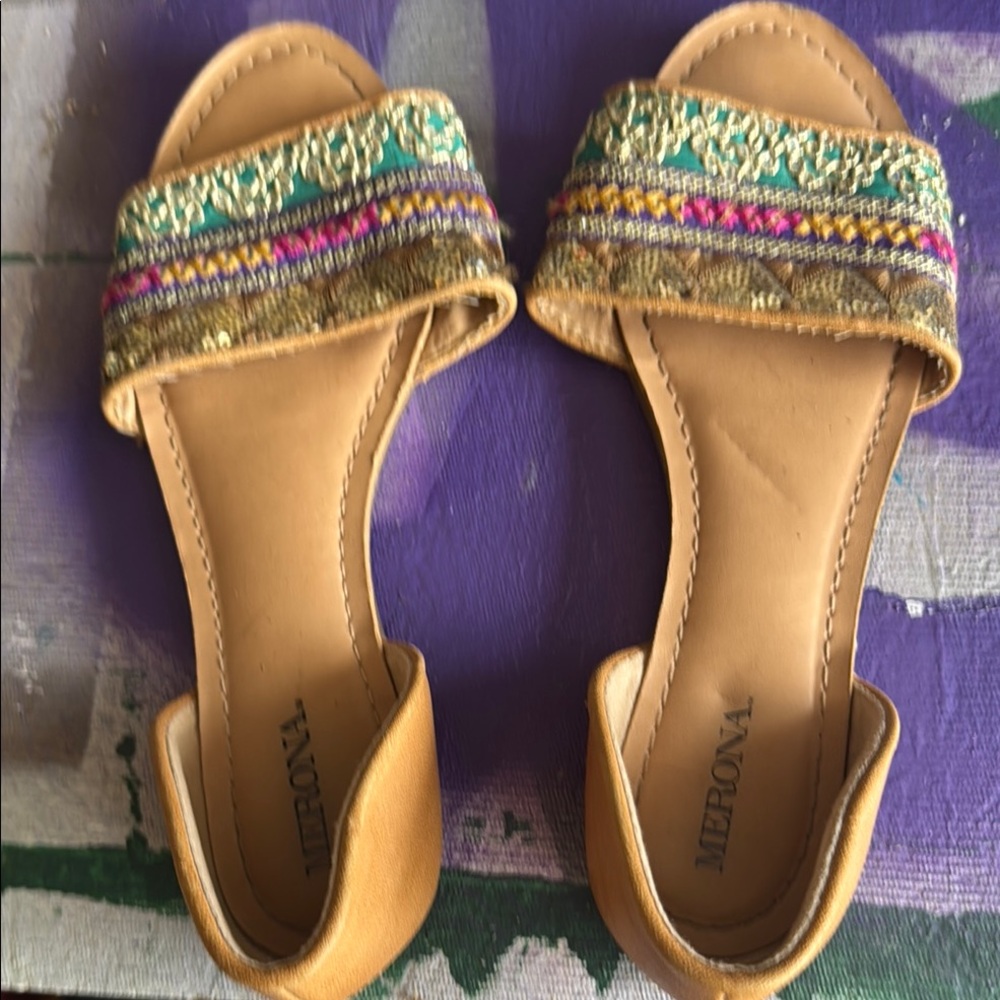 Merona Gold and Green Sandals with Decorative Strap. Good used condition.